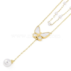 Ion Plating(IP) 304 Stainless Steel Pave Shell Double Layer Butterfly Pendant Necklaces for Women, with Plastic Pearl, Golden, 16.22 inch(41.2cm)(NJEW-K276-29G)