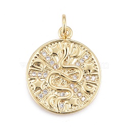 Brass Micro Pave Cubic Zirconia Pendants, with Jump Ring, Flat Round with Snake, Golden, Clear, 20x18x2mm, Hole: 3.5mm, Jump Ring: 5x0.9mm(KK-O126-02G-01)