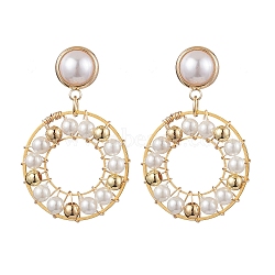 Ring Shell Pearl Beaded Dangle Earrings, Brass Stud Earrings for Women, WhiteSmoke, 40x26mm(EJEW-TA00511)