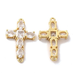 Brass Connetor Charms, with Clear Glass, Religion Cross Links, Golden, 27.5x17.5x4mm, Hole: 1.5mm(KK-A180-11G)