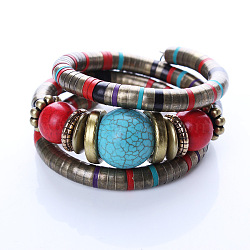 Personalized 3-Loop Iron Wrap Bracelets, with Synthetic Turquoise Round Beaded and CCB Plastic Beads, Colorful, 51mm(BJEW-JL120)