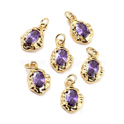 Brass Micro Pave Cubic Zirconia Pendant, Long-Lasting Plated, Real 18K Gold Plated, Oval, Purple, 12x8x3mm, Hole: 2.6mm(ZIRC-P089-19G-E)
