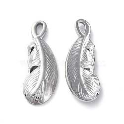 Non-Tarnish 304 Stainless Steel Pendants, Feather Charm, Stainless Steel Color, 20x7x2mm, Hole: 1x2mm(STAS-P324-22P)