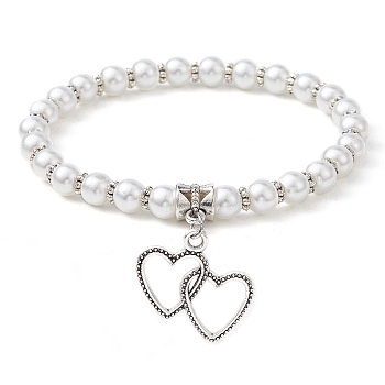 Glass Pearl Beaded Stretch Bracelets, with Alloy Charms, Heart, Inner Diameter: 2-1/2 inch(6.2cm), Pendant: 23.5x23mm