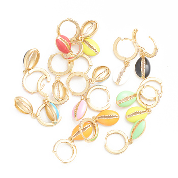 Brass Micro Pave Clear Cubic Zirconia Huggie Hoop Earrings, with Enamel, Cowrie Shell Shape, Golden, Mixed Color, 28.5mm, Pin: 1mm