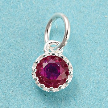 925 Sterling Silver Charms, with Cubic Zirconia, Faceted Flat Round, Silver, Medium Violet Red, 7x5x2.5mm, Hole: 3mm