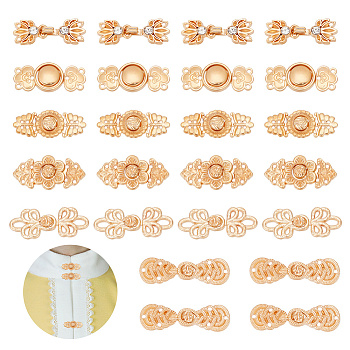 24Pcs 6 Styles Chinese Style Flower Alloy Snap Lock Clasps, Cheongsam Clasps Findings, Golden, 12~17x31~41.5x3~4.5mm, Hole: 1~5x1~3mm, 4pcs/style