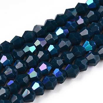 Opaque Solid Color Electroplate Glass Beads Strands, AB Color Plated, Faceted, Bicone, Prussian Blue, 2.9~3.3x2.5mm, Hole: 0.7mm, about 145~150pcs/strand, 16.34~16.54 inch(41.5~42cm)