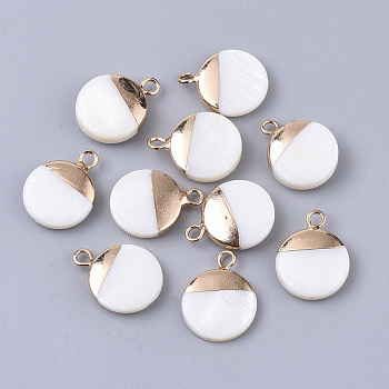 Electroplate Freshwater Shell Pendants, for DIY Jewelry Making, with Top Golden Plated Brass Loops and Half Drilled, Flat Round, Seashell Color, 16.5x13x4mm, Hole: 0.8~1.8mm