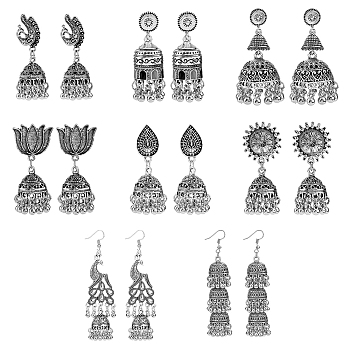 8 Pairs 8 Style Alloy Bell Chandelier Earrings Set, Peacock & Lotus & Teardrop & Cone Drop Earrings, Antique Silver, 43~91x15~26mm, 1 Pair/style