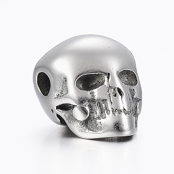 316 Surgical Stainless Steel Beads, Skull, Antique Silver, 13x10x10.5mm, Hole: 2.5mm