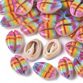 Printed Natural Cowrie Shell Beads, No Hole/Undrilled, Rainbow Style, Colorful, 18~21x12~15x7mm