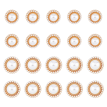 20Pcs 2 Style ABS Plastic Imitation Pearl Shank Buttons, with Alloy Findings, 1-Hole, Flower, Light Gold, 15~17.5x10.5mm, Hole: 2~2.4mm, 10pcs/style