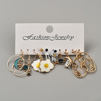 5 Pairs Iron Resin Dangle Earring Sets, Golden, Flower & Moon & Planet & Star, White, 18~47x9~26mm