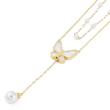 Ion Plating(IP) 304 Stainless Steel Pave Shell Double Layer Butterfly Pendant Necklaces for Women, with Plastic Pearl, Golden, 16.22 inch(41.2cm)