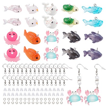 CHGCRAFT DIY Fish Dangle Earring Making Kits, Including Shark & Whale & Goldfish & Octopus Resin Pendants, Brass Earring Hooks, Mixed Color, 110Pcs/bag
