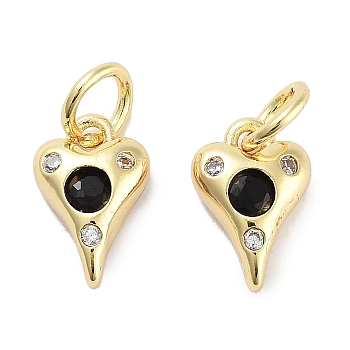 Brass Micro Pave Cubic Zirconia Charms, with Jump Ring, Heart, Real 18K Gold Plated, Black, 10x6.5x2.5mm, Hole: 3mm