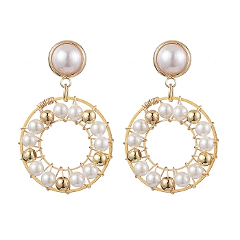 Ring Shell Pearl Beaded Dangle Earrings, Brass Stud Earrings for Women, WhiteSmoke, 40x26mm