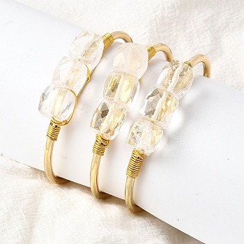 Natural Quartz Crystal Beads Cuff Bangles for Women, Square, with Golden Copper Wire, Inner Diameter: 2-1/4x1-1/2 inch(5.55x3.8cm)