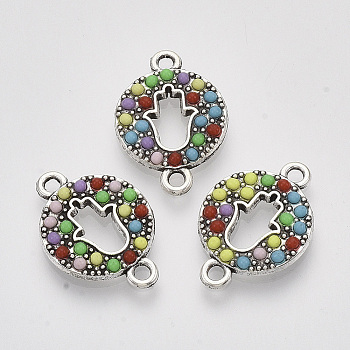 Antique Silver Tone Alloy Links connectors, with Resin, Flat Round with Hamsa Hand/Hand of Fatima/Hand of Miriam, Colorful, 21.5x15x2.5mm, Hole: 1.8mm