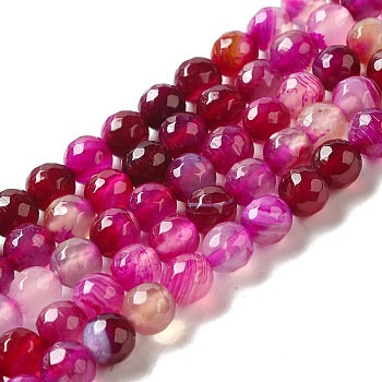 Natural Striped Agate/Banded Agate Beads Strands, Dyed, Faceted, Round, Magenta, 8mm, Hole: 1mm, about 48pcs/strand, 15.7 inch