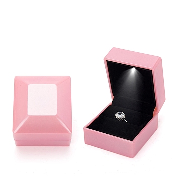 Rectangle Plastic Ring Storage Boxes, Jewelry Ring Gift Case with Velvet Inside and LED Light, Pearl Pink, 5.9x6.4x5cm