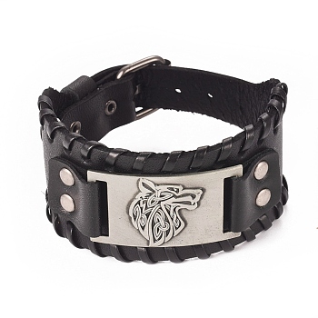 Full Grain Leather Cord Bracelets, with Alloy Link and Watch Band Clasps, Rectangle with Wolf Head, Antique Silver, 10-3/4 inch(27.3cm), 39x8mm