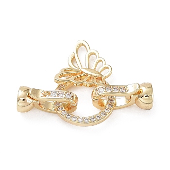 Rack Plating Brass Micro Pave Clear Cubic Zirconia Fold Over Butterfly Extension Clasps, Long-Lasting Plated, Cadmium Free & Lead Free, Real 14K Gold Plated, 14x7.5x6mm, Hole: 4.5mm