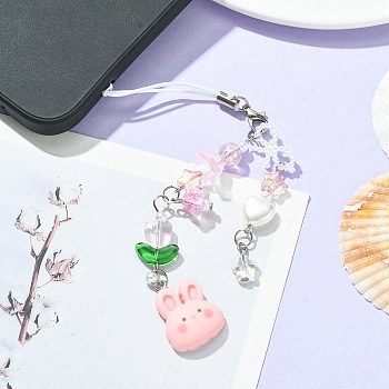 Resin Rabbit & Glass Beaded Mobile Straps, Nylon Cord Mobile Accessories Decoration, Pink, 16.2cm