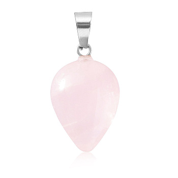 Natural Rose Quartz Pendants, Teardrop Charms with Platinum Plated Metal Snap on Bails, 26x16mm