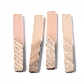 Transparent Resin & Wood Big Pendants, Two Tone, Rectangle, Pink, 52x7.5x3.5mm, Hole: 2mm