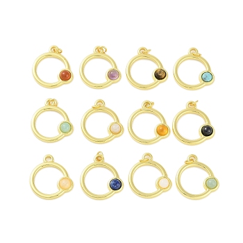 Natural & Synthetic Mixed Gemstone Pendants, 304 Stainless Steel Ring Charms with Jump Rings, Real 18K Gold Plated, 19x17x3.5mm, Hole: 2.5mm