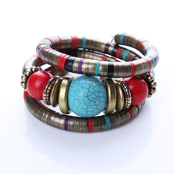 Personalized 3-Loop Iron Wrap Bracelets, with Synthetic Turquoise Round Beaded and CCB Plastic Beads, Colorful, 51mm