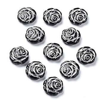 Opaque Acrylic Beads, Metal Enlaced, Rose, Black, 13.5x14x4.5~5mm, Hole: 1.6mm, about 950pcs/500g