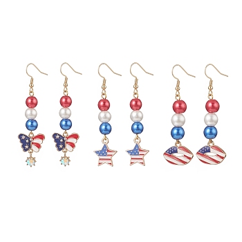 304 Stainless Steel Dangle Earrings, Independence Day Theme Baking Painted Pearlized Glass Pearl Beaded Earring, Alloy Enamel & Rhinestone Butterfly/Star/Lip Pendant Earring for Women, Mixed Color, 58~64mm, Pin: 0.8mm, 3 pairs/set