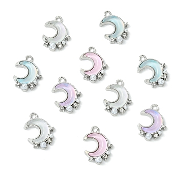 10Pcs Alloy Glass Pendants, Moon, with Rhinestone & ABS Imitation Pearl Beads, Rack Plating, Cadmium Free & Nickel Free & Lead Free, Platinum, 18.5x13.5x4mm, Hole: 1.8mm