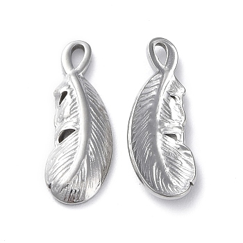 304 Stainless Steel Pendants, Feather Charm, Stainless Steel Color, 20x7x2mm, Hole: 1x2mm