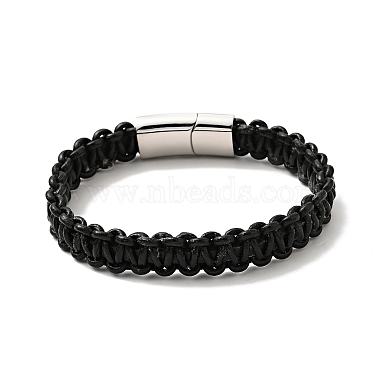 Black Leather Braided Cord Bracelet with 304 Stainless Steel Magnetic Clasp for Men Women(BJEW-C021-17)-3