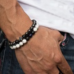 2Pcs 2 Style 8mm Round Natural Howlite & Frosted Black Agate Stretch Bracelets Set, Cross Stackable Bracelets for Men(TH1702-3)