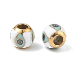 304 Stainless Steel Enamel European Beads, Ion Plating(IP), Golden, Round with Eye Pattern, White, 10x9mm, Hole: 4mm(STAS-G393-01G-01)