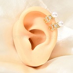 Brass Micro Pave Cubic Zirconia Cuff Earrings, Round, with ABS Plastic Pearl for Women, Rack Plating, Long-Lasting Plated, Cadmium Free & Lead Free, Real 18K Gold Plated, Clear, 13x6x12mm(CU-CBAE7DF-16G)