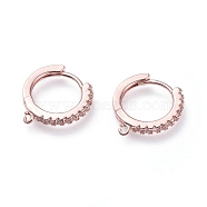 Brass Micro Pave Cubic Zirconia Huggie Hoop Earring Findings, with Horizontal Loops, Ring, Clear, Rose Gold, 15.5x14.5x2mm, Hole: 1mm, pin: 0.9mm(X-ZIRC-G156-07RG)
