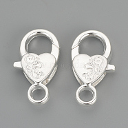Alloy Lobster Claw Clasps, Heart, Silver Color Plated, 26.5x15x6.5mm, Hole: 4mm(X-PALLOY-R070-11S)
