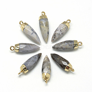 Natural Flower Agate Pointed Pendants, with Brass Findings, Faceted, Dyed, Bullet, Golden, 25~27x8mm, Hole: 2mm(G-Q495-06G)