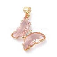 Brass Micro Pave Clear Cubic Zirconia Pendants, with Glass, Butterfly, Golden, Misty Rose, 24x21.5x4mm(ZIRC-P079-D01-14)