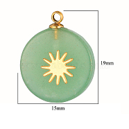 Natural Green Aventurine Pendants, Flat Round Charms, with Golden Tone Stainless Steel Sun Slice, 18~19x15x3.7~4.1mm(FIND-PW0015-02B-05)