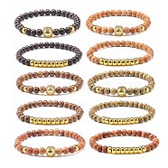 Wooden Beads Stretch Bracelets Set, with Synthetic Hematite Beads and Brass Beads, Mixed Color, Inner Diameter: 2-1/4 inch(5.7cm), 2pcs/set(BJEW-JB07019)