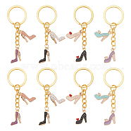 High-Heeled Shoes Theme Alloy Enamel Pendant Keychain, with Iron Key Ring, Golden, 7.3~7.6cm, 4pcs/set, 2 sets/box(KEYC-FG0001-07)