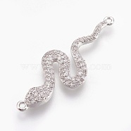 Brass Micro Pave Cubic Zirconia Links, Long-Lasting Plated, Snake, Lead Free & Nickel Free & Cadmium Free, Clear, Real Platinum Plated, 39x13.5x3mm, Hole: 1.2mm(ZIRC-O026-12P-NR)