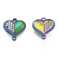 304 Stainless Steel Connector Charms, with Crystal Rhinestone, Heart, Rainbow Color, 14x13x3mm, Hole: 1.2mm & 1.6mm(STAS-N098-151M)